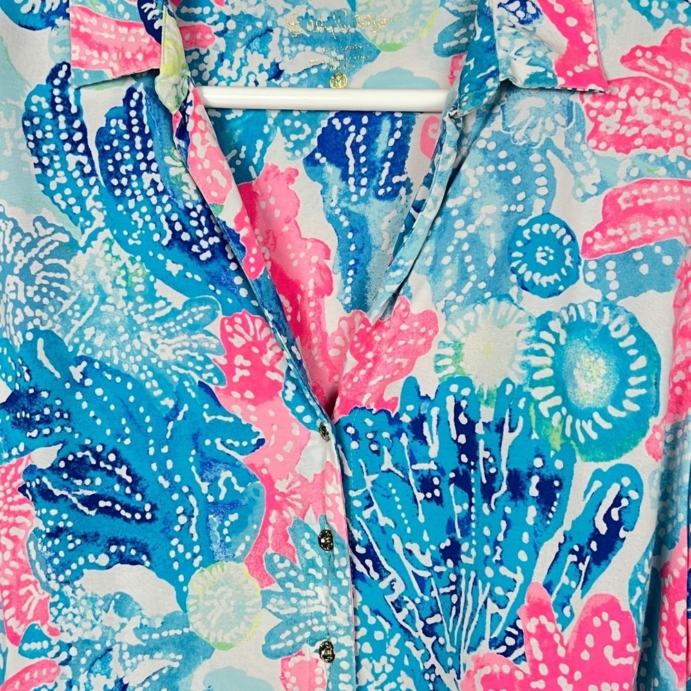 Lilly Pulitzer Dress Medium Blue Pink Coral Button Down Tunic Coastal Old Money - Picture 9 of 14